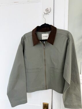 Lucky Brand Olive Green Cropped Utility Jacket with Brown Corduroy Collar